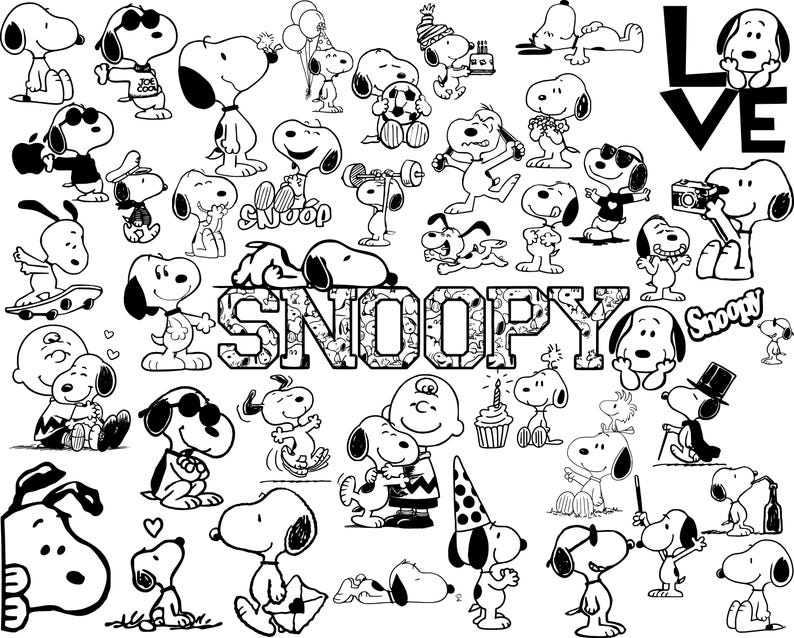 May include: A collection of black and white Snoopy illustrations in various poses, including holding balloons, skateboarding, and lifting weights. The word "SNOOPY" is displayed in a decorative font, with the word "LOVE" in large letters.
