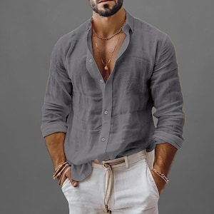 Men’s Cotton Linen Shirt – Summer Casual Beach Wear, Lightweight, Breathable, Solid Color Button Top
