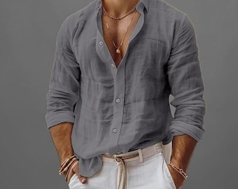 Men’s Cotton Linen Shirt – Summer Casual Beach Wear, Lightweight, Breathable, Solid Color Button Top