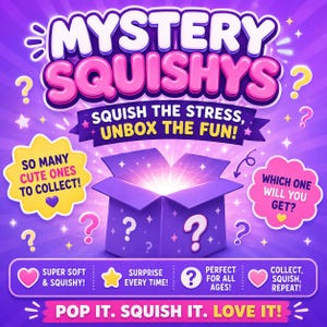 Puede incluir: Un anuncio gráfico morado de Mystery Squishys con una caja abierta central que emite luz. El texto incluye Mystery Squishys, Squish the stress, unbox the fun, So many cute ones to collect, Which one will you get, y Pop it. Squish it. Love it.