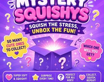 Pode incluir: Um anúncio gráfico roxo para Mystery Squishys com uma caixa aberta central que emite luz. O texto inclui Mystery Squishys, Squish the stress, unbox the fun, So many cute ones to collect, Which one will you get, e Pop it. Squish it. Love it.