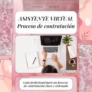 May include: A pink and white graphic with the text "ASISTENTE VIRTUAL Proceso de contratación" and "Guía profesional para un proceso de contratación claro y ordenado." The image includes a laptop, notebook, and coffee cup.