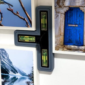 May include: A gray and black picture frame level tool is positioned between three framed pictures. The level tool has three bubble levels. The pictures feature a bird, a blue door, and a mountain lake.