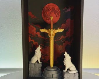 Direbound / Estantería para rincón de lectura de fantasía / Decoración de dragón, espada y lobo / Rincón de lectura de fantasía oscura / Diorama de estantería