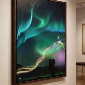 以下が含まれることがあります： 鮮やかな緑とターコイズの色合いが夜空を照らす、オーロラを描いた額入りのキャンバスプリント。抱き合うカップルのシルエットが前景にあり、濃い茶色の木製フレームが付いています。