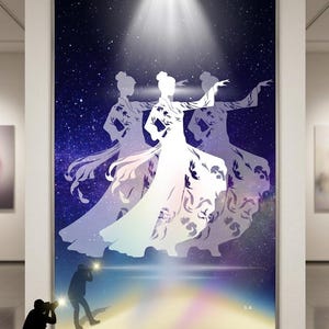 May include: A large framed artwork depicts three dancers in flowing white gowns against a starry, purple and blue background. A spotlight shines on the central figure. A photographer is silhouetted in the foreground, taking a picture of the artwork.