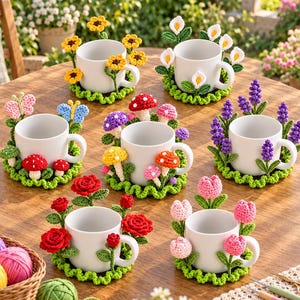 Könnte beinhalten: Eine Sammlung von acht weißen Keramiktassen, die jeweils auf einem passenden grünen Häkeluntersetzer stehen, verziert mit verschiedenen gehäkelten Blumen- und Pilzmotiven, darunter Sonnenblumen, Calla-Lilien und Tulpen.
