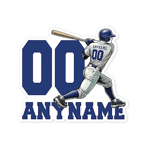 May include: A sticker featuring a baseball player in a batting stance, wearing a blue helmet and uniform with the name "ANYNAME" and the number "00". The background includes a large blue "00" and the text "ANYNAME".