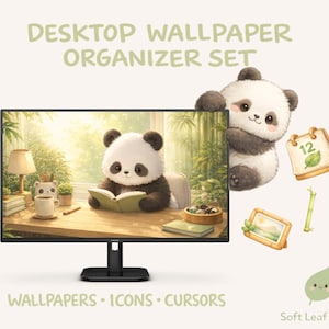 Op de afbeelding: Een digitale desktop wallpaper organizer set met een panda die een boek leest op een computerscherm. De afbeelding bevat pictogrammen, cursors en een kalender, allemaal met een panda-thema. De tekst luidt "Desktop Wallpaper Organizer Set".