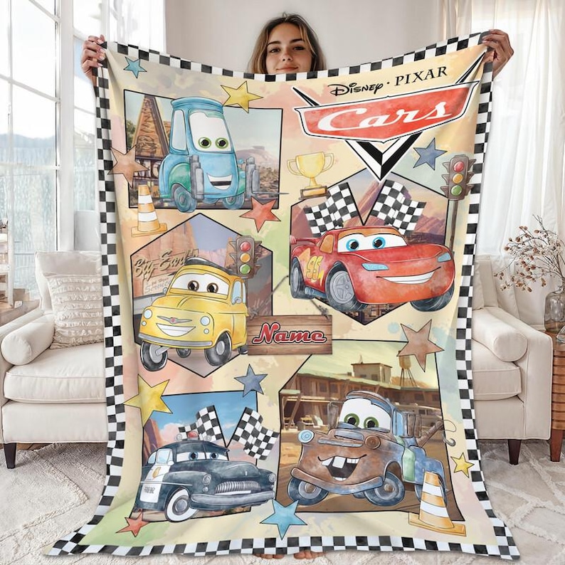 Personalized Disneyland Cars Fleece Blanket, Custom Name Lightning McQueen Blanket, Cars Movie Blanket, Boy Birthday Gift Disneyland Blanket image 1
