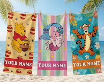Personalized Winnie the Pooh Beach Towel, Custom Pooh Bear Towel, Piglet Pool Towel, Summer Beach Towel, Custom Name Towel Gift