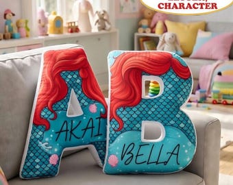 Custom Princess Ariel Name Letter Pillow, Custom Name Mermaid Cushion, Cute Princess Sea Cushion, Magic Disneyworld Pillow, Gift for Girl