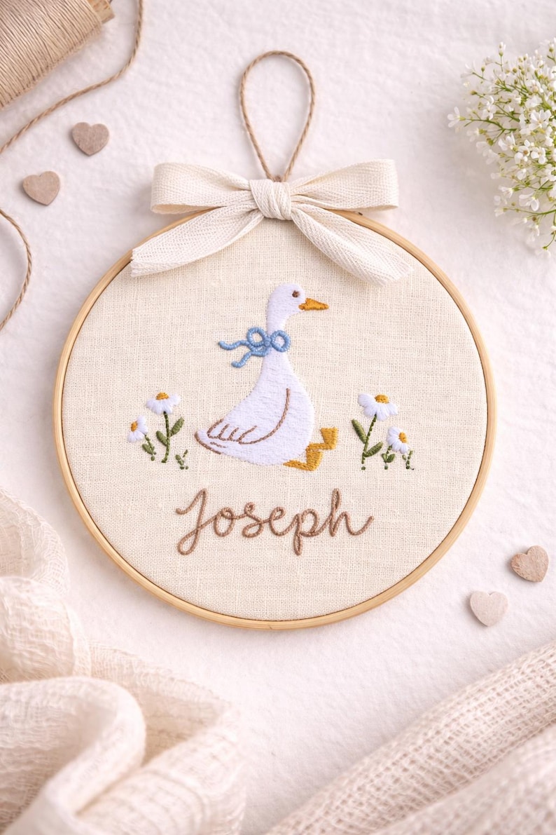 May include: A circular wooden embroidery hoop containing a cream-colored fabric panel. The fabric features an embroidered white goose with a blue bow, yellow feet, and an orange beak, flanked by small white flowers. The name Joseph is stitched below.
