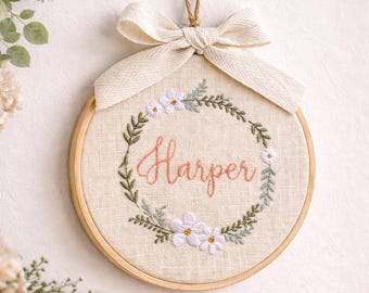 Baby name sign embroidered with florals, Embroidery Hoop Nursery Wall Decor Custom Baby Ornament Baby Shower Gift, Gift for Newborn