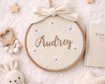 Baby name sign embroidered with florals, Custom Embroidered Name Hoop, Natural Linen Nursery Decor, Baby Shower Gift, Gift for Newborn