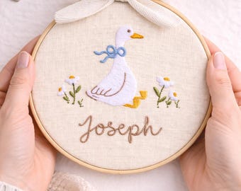 Personalized Goose Embroidery Hoop, Natural Linen Nursery Decor