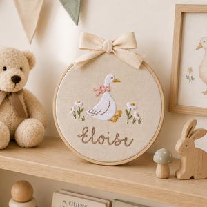 Baby name sign embroidered with storybook goose and florals, Nursery Wall Decor Custom Baby Ornament Baby Shower Gift, Gift for Newborn image 2