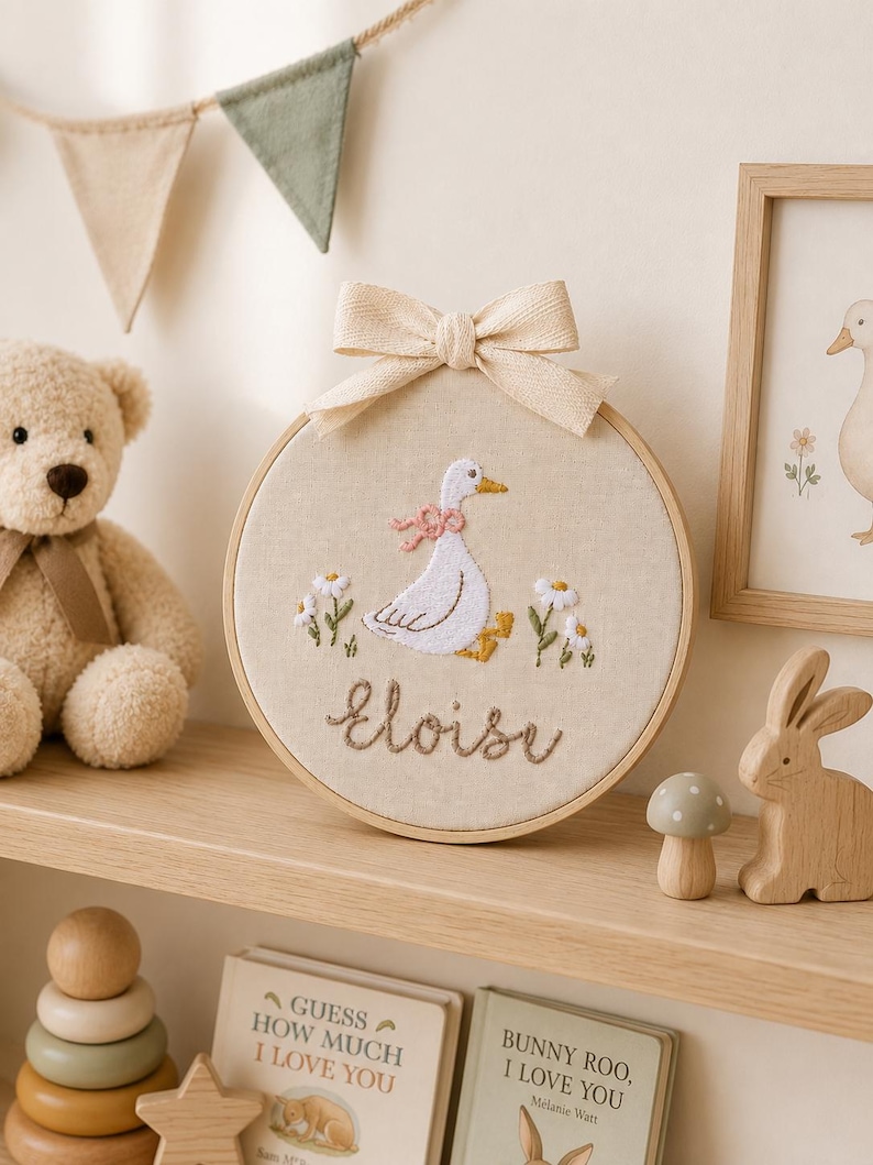 Baby name sign embroidered with storybook goose and florals, Nursery Wall Decor Custom Baby Ornament Baby Shower Gift, Gift for Newborn image 2