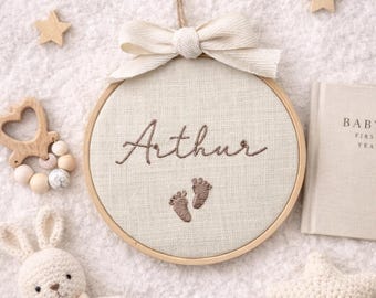 Personalized Baby Name Embroidery Hoop, Natural Linen Nursery Decor