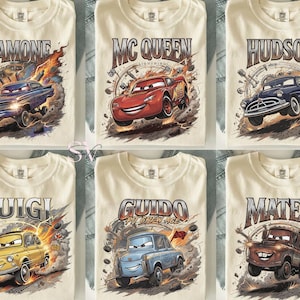 May include: Six cream-colored t-shirts featuring cartoon car graphics and names: Ramone, Mc Queen, Hudson, Luigi, Guido, and Mater. Each shirt has a different car design with dynamic backgrounds, perfect for fans of the animated movie.