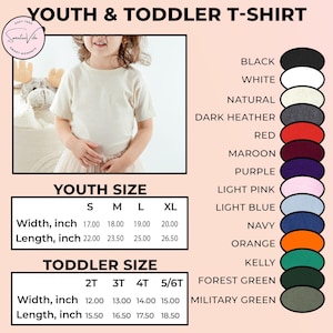 May include: A cream-colored youth t-shirt is shown, with size and color options listed. The size chart provides measurements in inches for youth and toddler sizes. Color options include black, white, and navy.