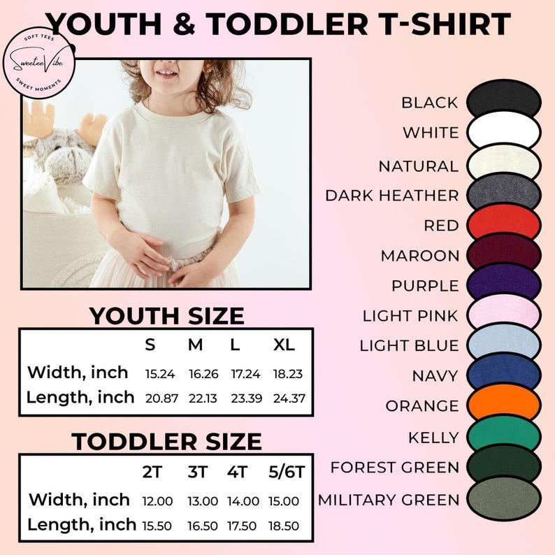 May include: A cream-colored youth t-shirt is modeled by a young person. The image includes a color chart with options like black, white, and navy. Size charts are provided in inches for youth and toddler sizes, detailing width and length measurements.