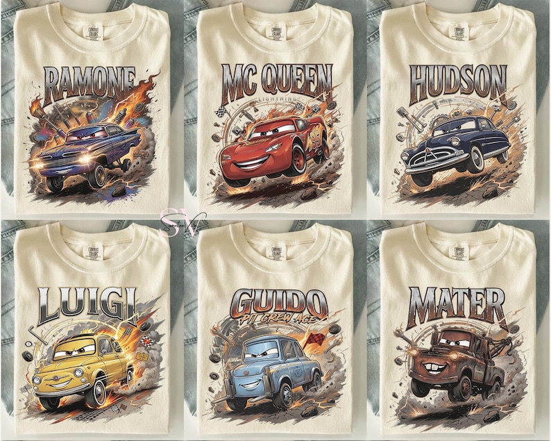 May include: Six cream-colored t-shirts featuring cartoon car graphics and names: Ramone, Mc Queen, Hudson, Luigi, Guido, and Mater. Each shirt has a different car design with dynamic backgrounds, perfect for fans of the animated movie.