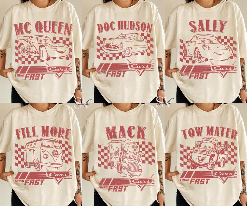 Puede incluir: Camisetas color crema con gr&aacute;ficos rojos de personajes de la pel&iacute;cula "Cars." Los dise&ntilde;os incluyen "MC QUEEN", "DOC HUDSON", "SALLY", "FILL MORE", "MACK" y "TOW MATER", con el logo "Cars" y el texto "Think Fast".