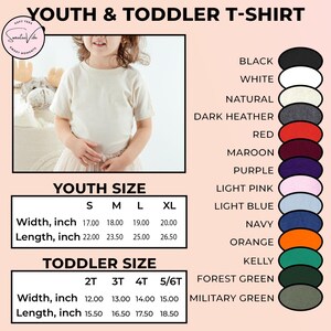 May include: A cream-colored youth t-shirt is shown, with size and color options listed. The size chart provides measurements in inches for youth and toddler sizes. Color options include black, white, and navy.