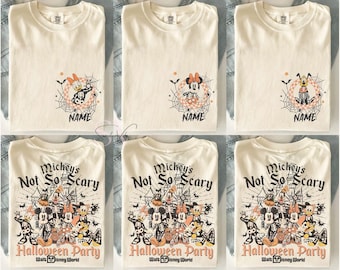May include: Off-white t-shirts featuring Disney characters in skeleton costumes. The front designs show individual characters with spiderwebs and the text NAME. The back designs feature a group of characters with the text Mickey's Not So Scary Halloween Party Walt Disney World.