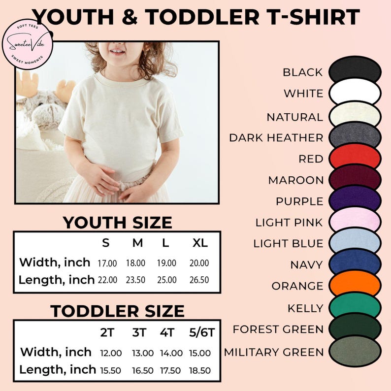 Puede incluir: Se muestra una camiseta juvenil de color crema, con opciones de talla y color. La tabla de tallas proporciona medidas en pulgadas para tallas juveniles y para ni&ntilde;os peque&ntilde;os. Las opciones de color incluyen negro, blanco y azul marino.