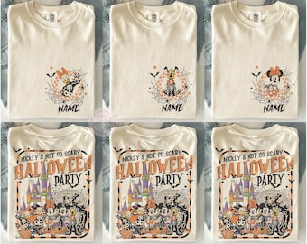 May include: Off-white t-shirts featuring Disney characters in skeleton costumes. Top row shows individual characters in spiderwebs with the text NAME. Bottom row shows a group scene with the text MICKEY'S NOT SO SCARY HALLOWEEN PARTY.