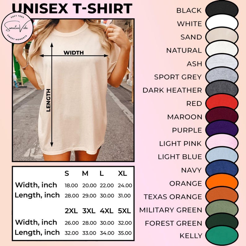 May include: A beige unisex t-shirt with measurements in inches. The shirt is displayed with a color chart including black, white, navy, and orange. The shirt sizes range from S to 5XL.