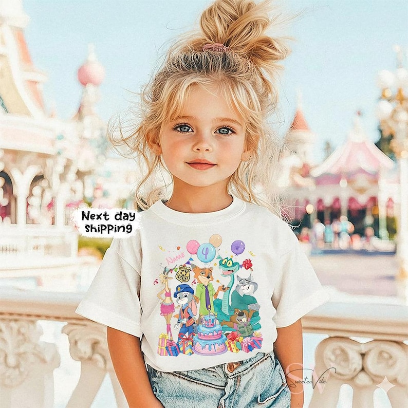 Peut inclure: T-shirt blanc avec un motif d'anniversaire de dessin anim&eacute; color&eacute;, comprenant des personnages d'animaux, un g&acirc;teau et des ballons. Le t-shirt affiche le texte "Name" et le chiffre "4". Les mots "Next day shipping" sont &eacute;galement visibles.