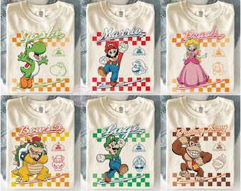 Anpassa alla karaktärer Super Mario Retro-tröja, matchande världsfamilj, semesterresa, matchande t-shirt, Super Mario födelsedagsresepresenter 2026