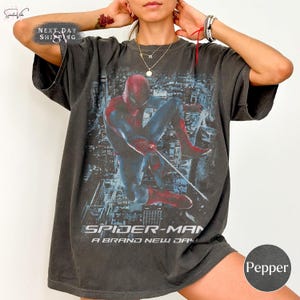 May include: A charcoal gray short-sleeve t-shirt featuring a graphic print of Spider-Man in a dynamic pose against a city skyline. The text "SPIDER-MAN A BRAND NEW DAY" is printed in white below the character. The shirt has a faded, vintage look.