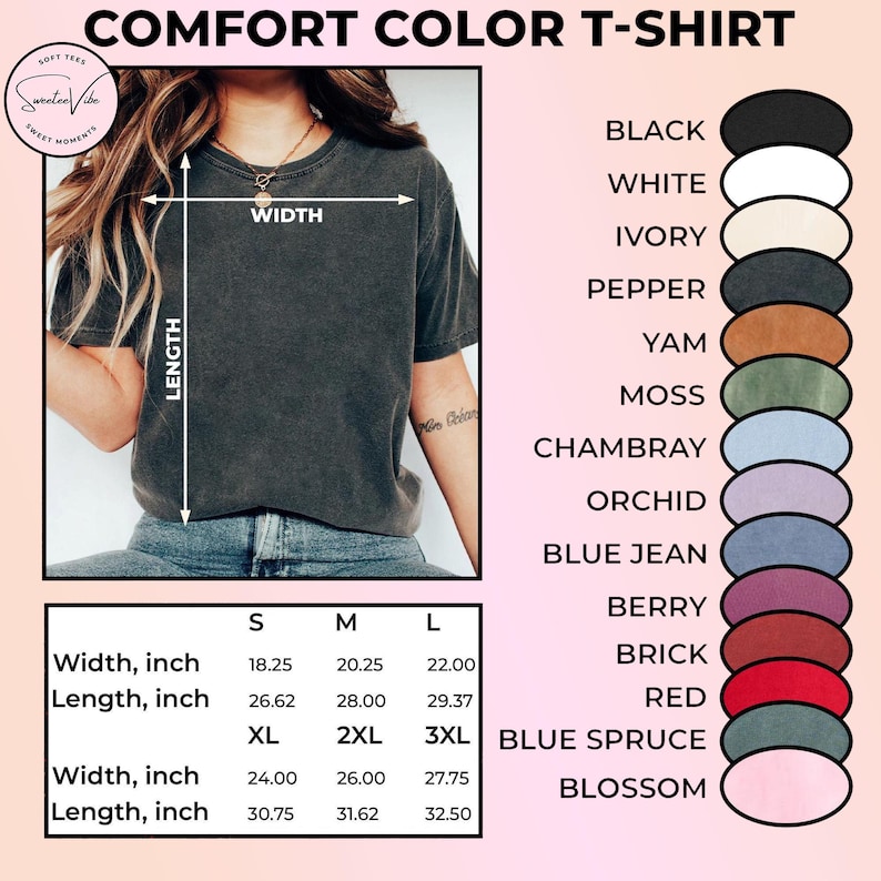 Puede incluir: Una camiseta Comfort Color en una variedad de colores, incluyendo negro, blanco y rojo. La imagen muestra las medidas de ancho y largo de la camiseta en pulgadas para las tallas S, M, L, XL, 2XL y 3XL. La camiseta es de color gris oscuro.
