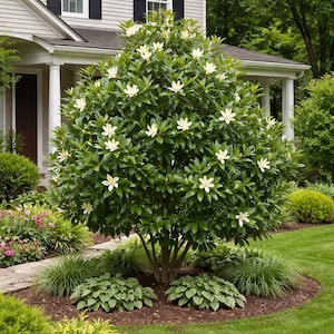 May include: A lush, flowering magnolia tree with creamy white blossoms and glossy green leaves. The tree is surrounded by a bed of mulch, ornamental grasses, and other greenery, set against the backdrop of a house.
