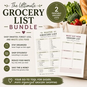 May include: A printable grocery list bundle with two lists, designed to help shoppers stay organized and reduce food waste. The lists include sections for produce, pantry items, dairy, meat, and household essentials. The text reads "The Ultimate Grocery List Bundle."