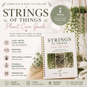 Puede incluir: Una guía de cuidado de plantas titulada "Strings of Things" con encuadernación en espiral. La portada muestra imágenes de plantas de cadena. La guía ofrece consejos sobre luz, agua, suelo, riego, fertilización, poda y propagación. También se ve una planta colgante de collar de perlas.