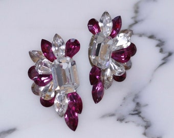 Vintage 80s Wendy Gell Purple /& Fuchsia Cut Crystal Clip On Earrings
