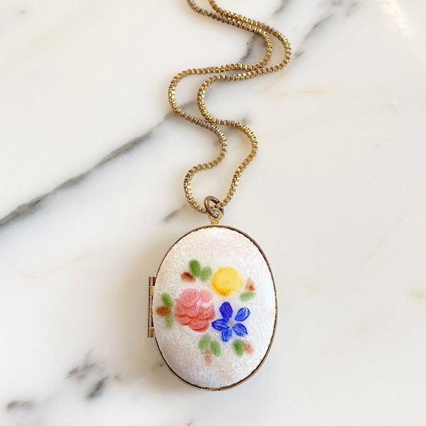 Vintage Oval White Enamel Guilloche Locket Statement Necklace with Blue, Yellow, Pink Flowers