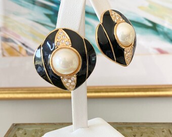 Black Enamel, Pave Crystal, Faux Pearl Statement Earrings