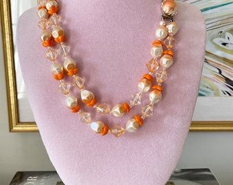 Vintage Faux Pearl, Crystal, and Orange Bead Double Strand Retro Mid-Century Modern Necklace