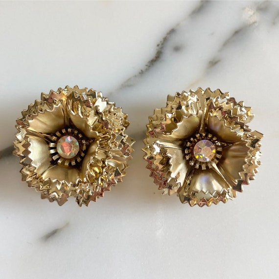Vintage Gold Ruffle Flower Statement Earrings wit… - image 6