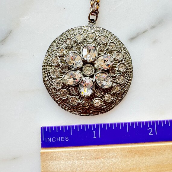 Vintage Art Deco Filigree Medallion Rhinestone Pendant Necklace Heirloom Estate View 5