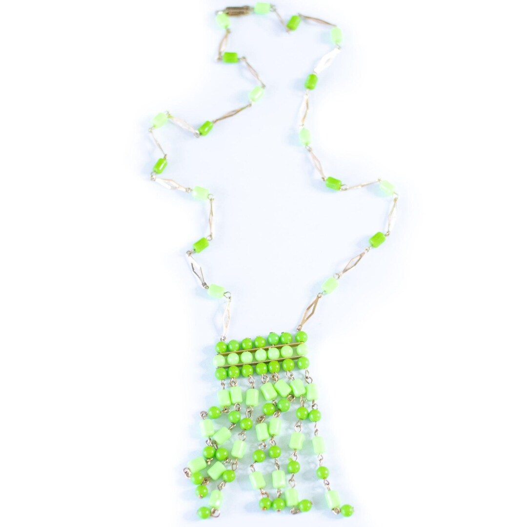 Vintage 1960s Made in Hong Kong Bight Green Tassel Bead Necklace Etsy