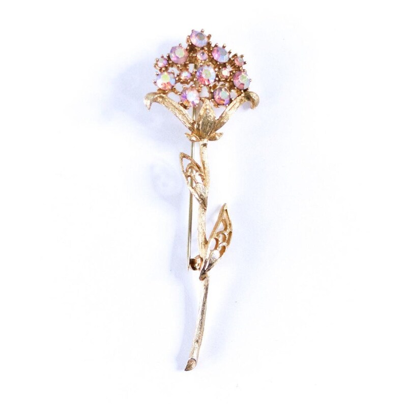 Vintage Gold Long Stem Flower Brooch with Pink Aurora Borealis Rhinestones