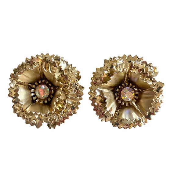 Vintage Gold Ruffle Flower Statement Earrings wit… - image 9