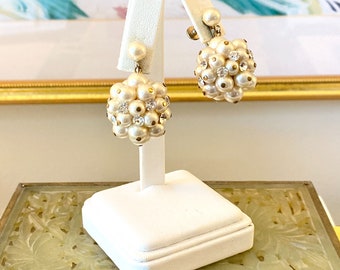 Vintage Old Hollywood Glam Faux Pearl with Rhinestones Dangling Bon Bon Statement Earrings, Screw Back